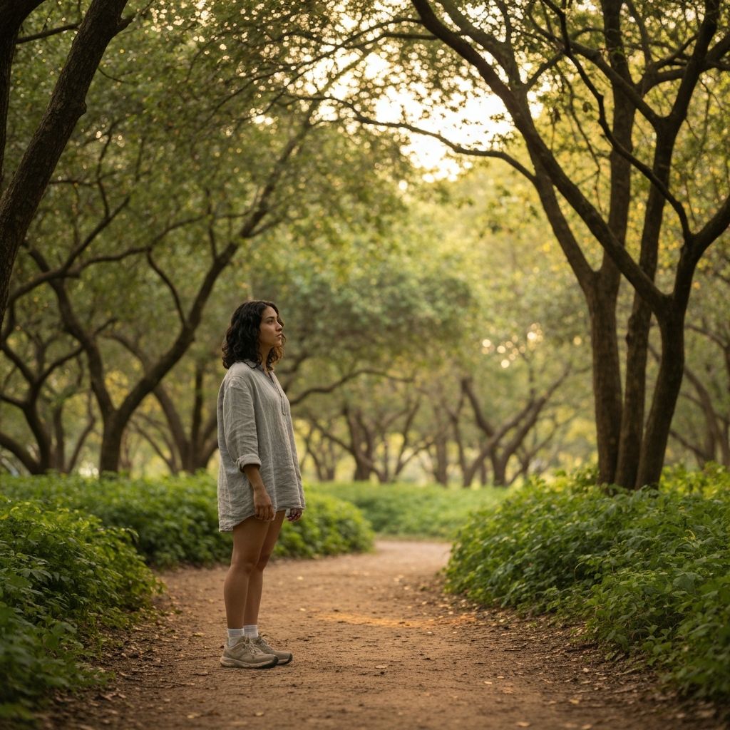 Person pausing on park pathway to consider movement choice